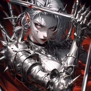 with silver hair and armor holding two swords