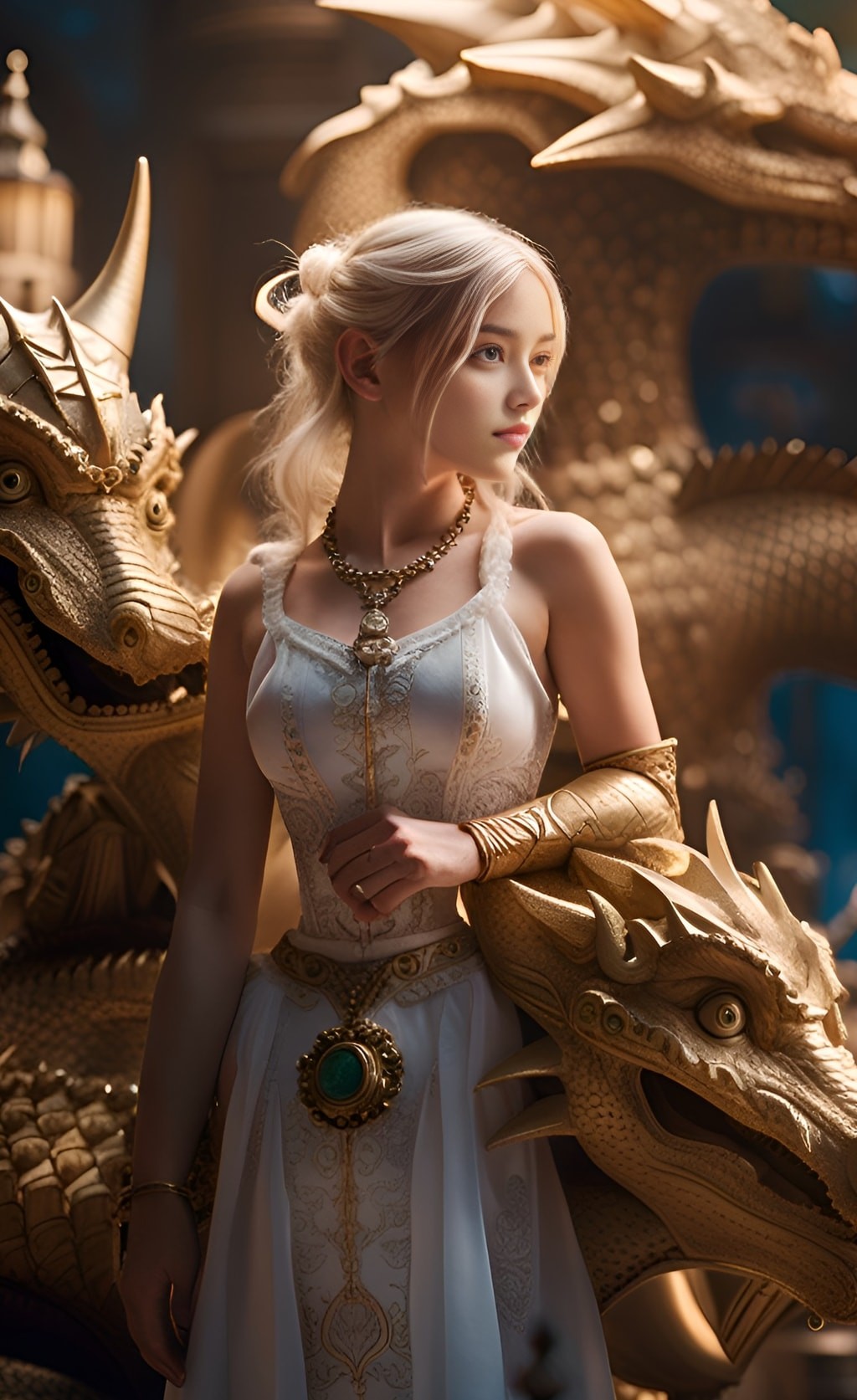 in a white dress and gold dragon