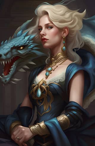 woman in blue dress with a dragon on her shoulder