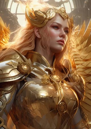 woman with golden wings and a golden armor