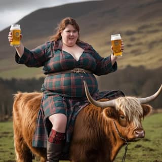 Uma mulher vestida com um vestido xadrez segura uma cerveja enquanto está sentada em cima de uma vaca.