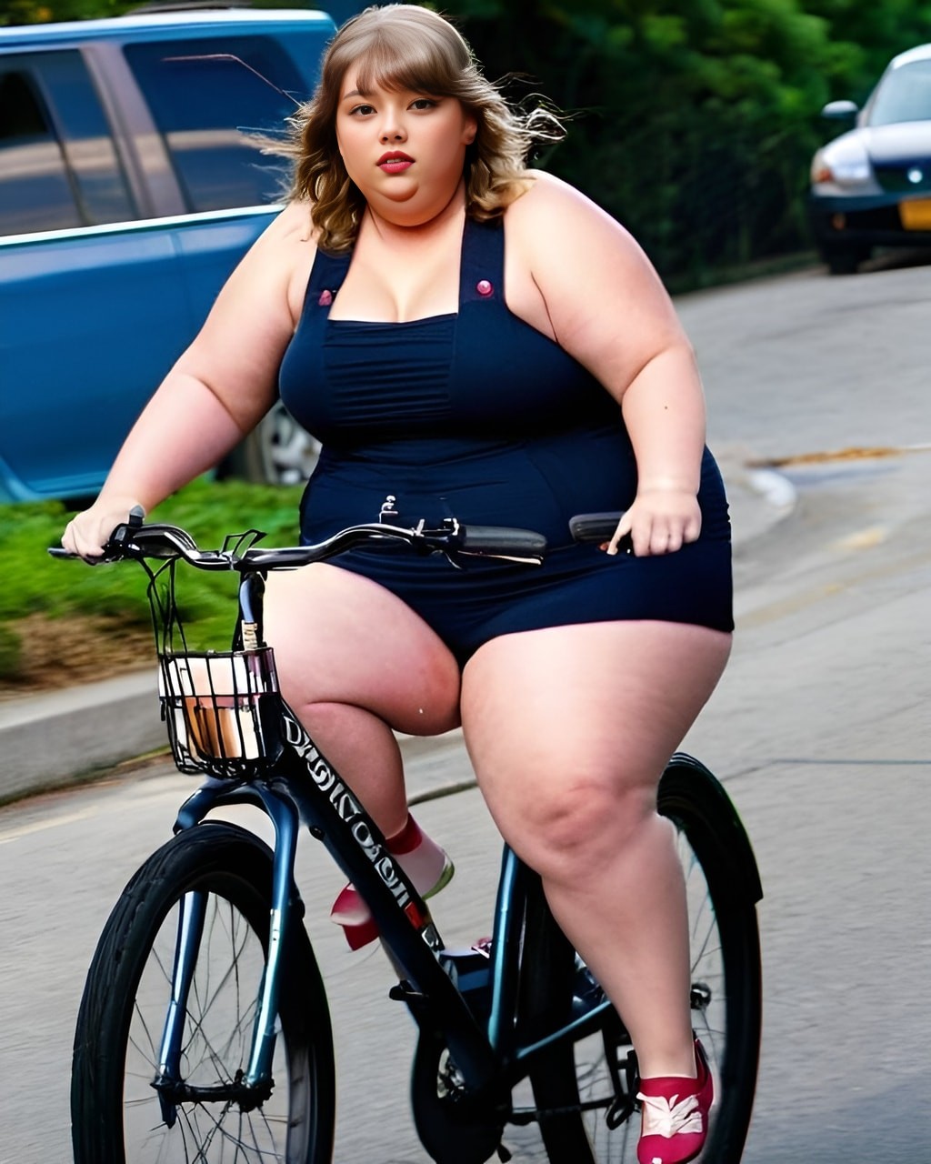 in a swimsuit riding a bike