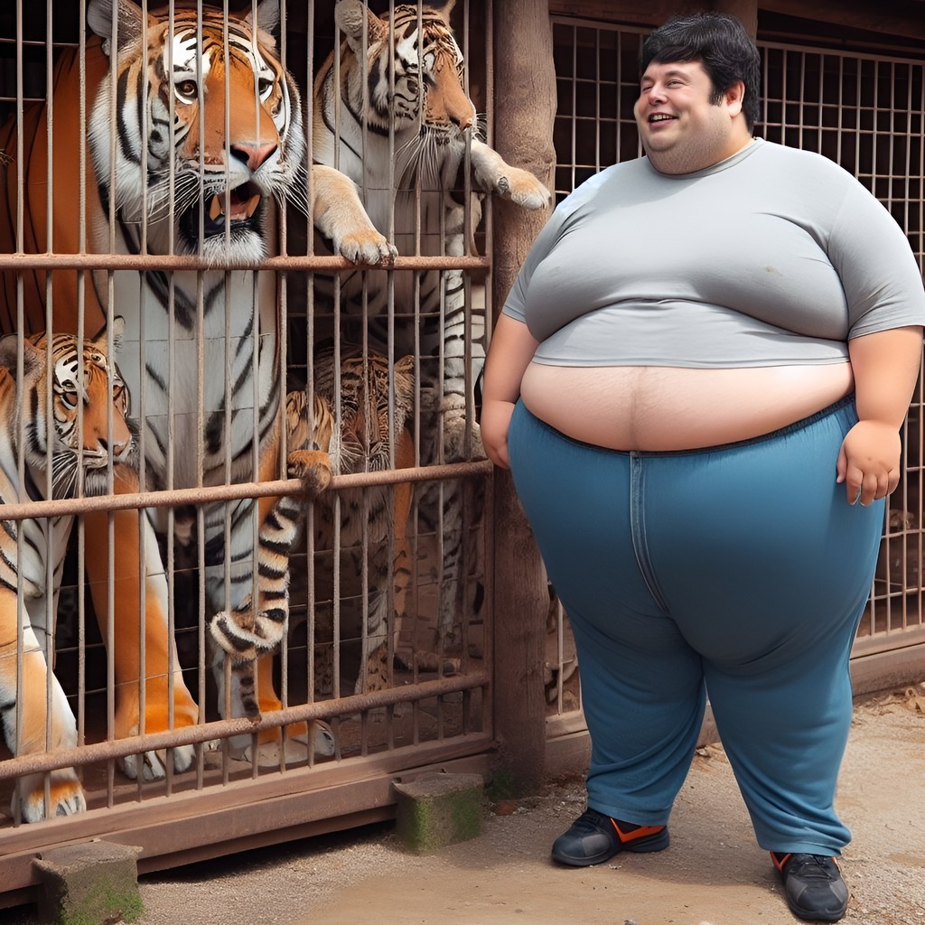 standing in front of a cage with tigers