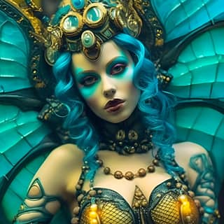 with blue hair and a butterfly costume