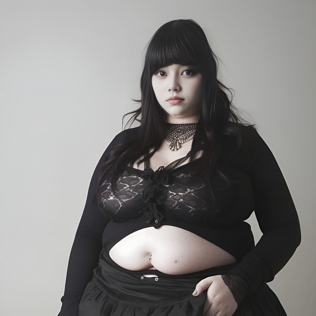 with a large belly wearing a black skirt