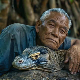 an older man with a lizard on his shoulder