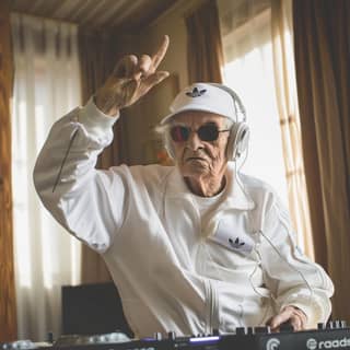 an elderly man in sunglasses is playing a dj set