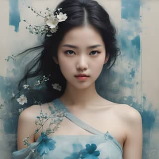 in a blue dress