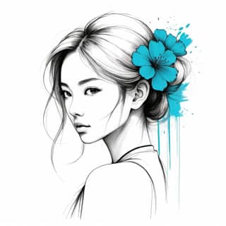 a drawing of with blue flowers in her hair