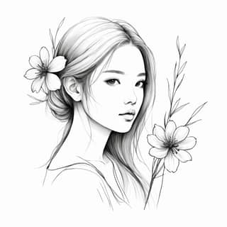 a drawing of a girl with long hair and flowers