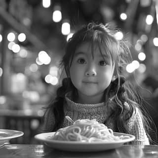 a little girl is sitting at a table with a plate of spaghetti