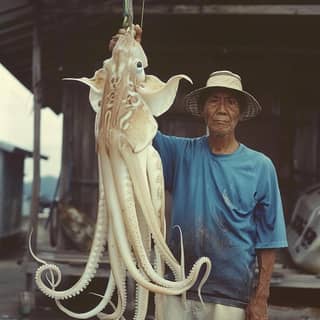 an asian man holding a squid