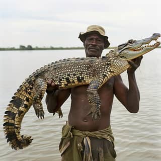 holding a large alligator in the water