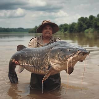 holding a large catfish in the water