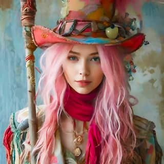 with pink hair and a hat holding a stick