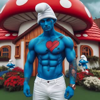 with a smurf tattoo standing in front of a mushroom house