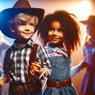 two children dressed in cowboy hats and overalls