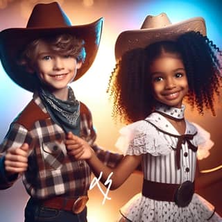 two children dressed in western clothing pose for a photo