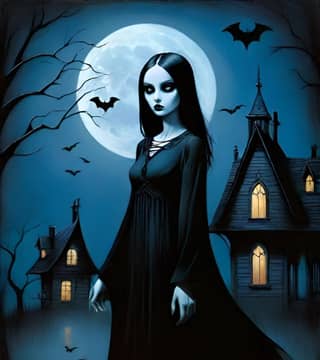 검은 드레스를 입은 여자가 박쥐가 날아다니는 집 앞에 서 있고 있음