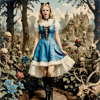 in a blue dress standing in front of a graveyard