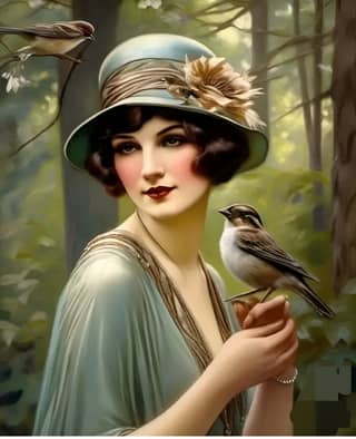 in a hat and dress holding a bird