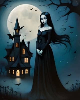 Uzun siyah bir elbiseyle bir kadın, büyücü bir evin önünde duruyor.