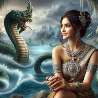 woman in a thai dress sitting on a rock with a dragon