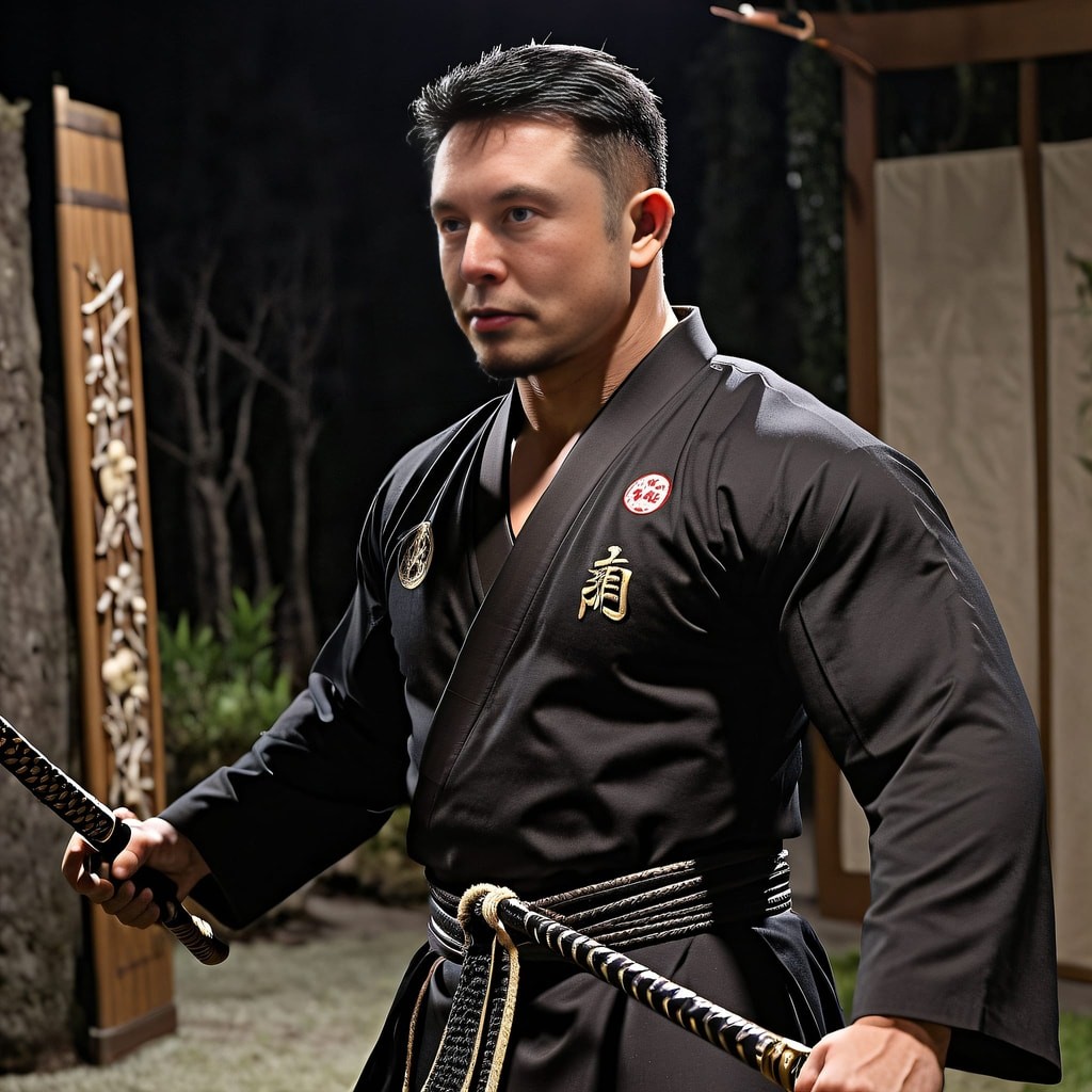 in black kimono holding two swords