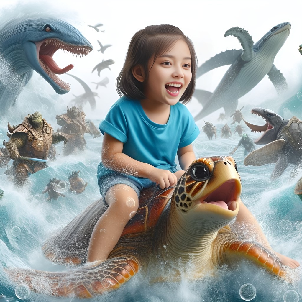 a little girl riding on a sea turtle in the ocean