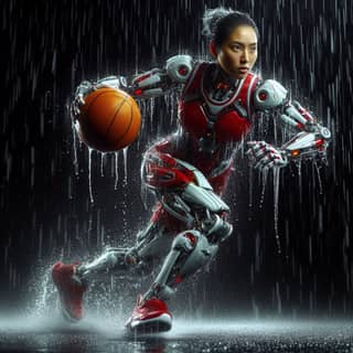 a robot playing basketball in the rain