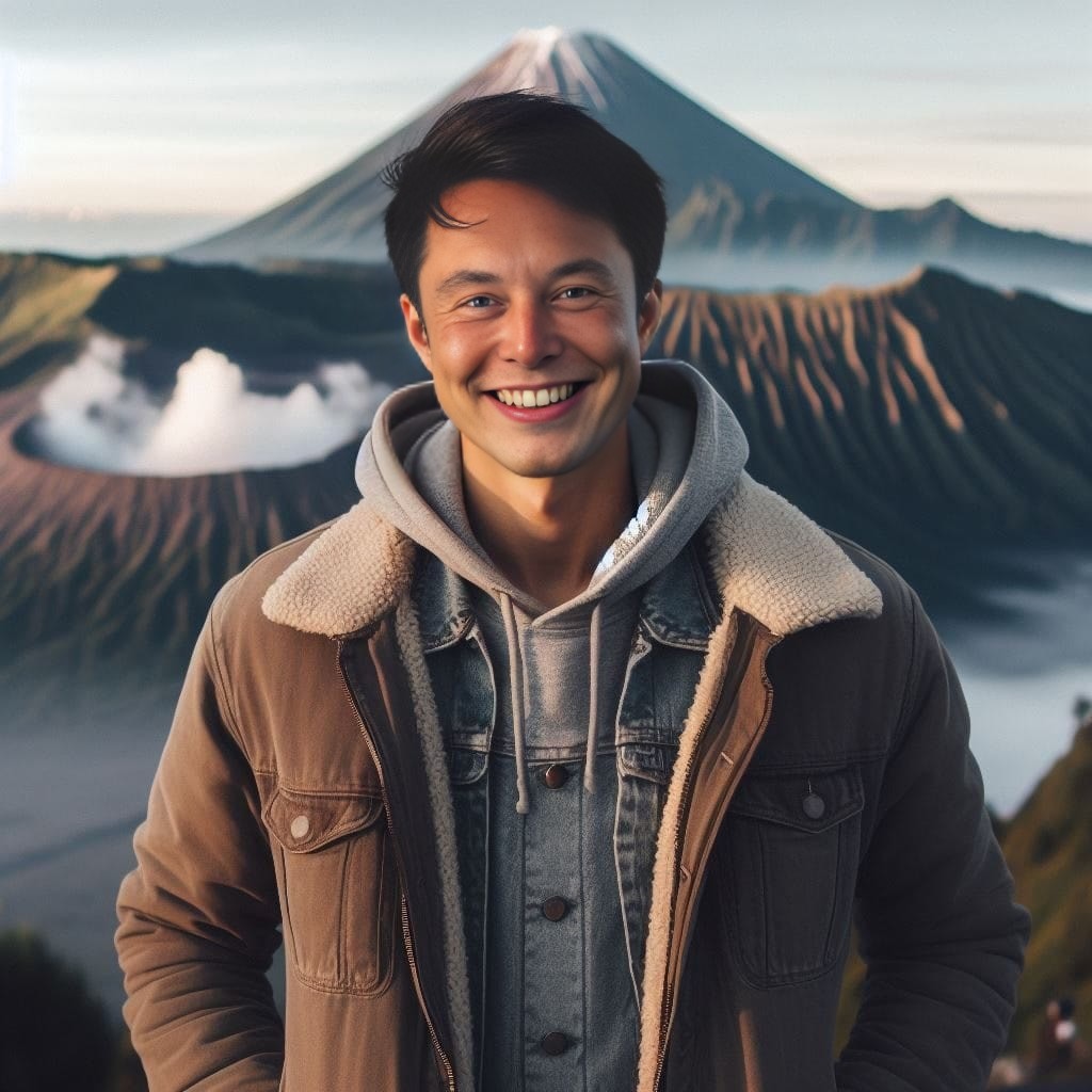 sonriendo frente a un volcán