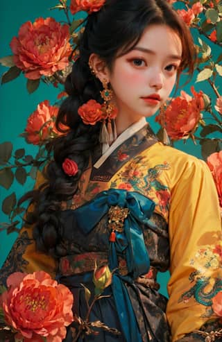 in traditional korean clothing with flowers