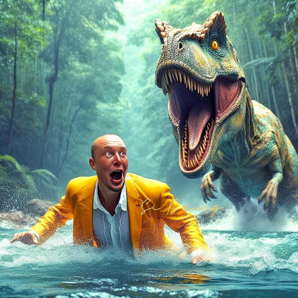 Une personne en costume jaune court à travers une rivière avec un dinosaure.