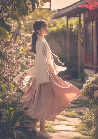 in a traditional kimono is walking through a garden