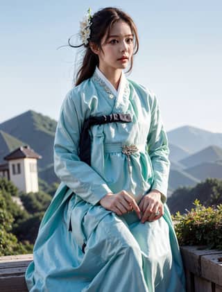 Une personne en tenue traditionnelle coréenne assise sur un banc.