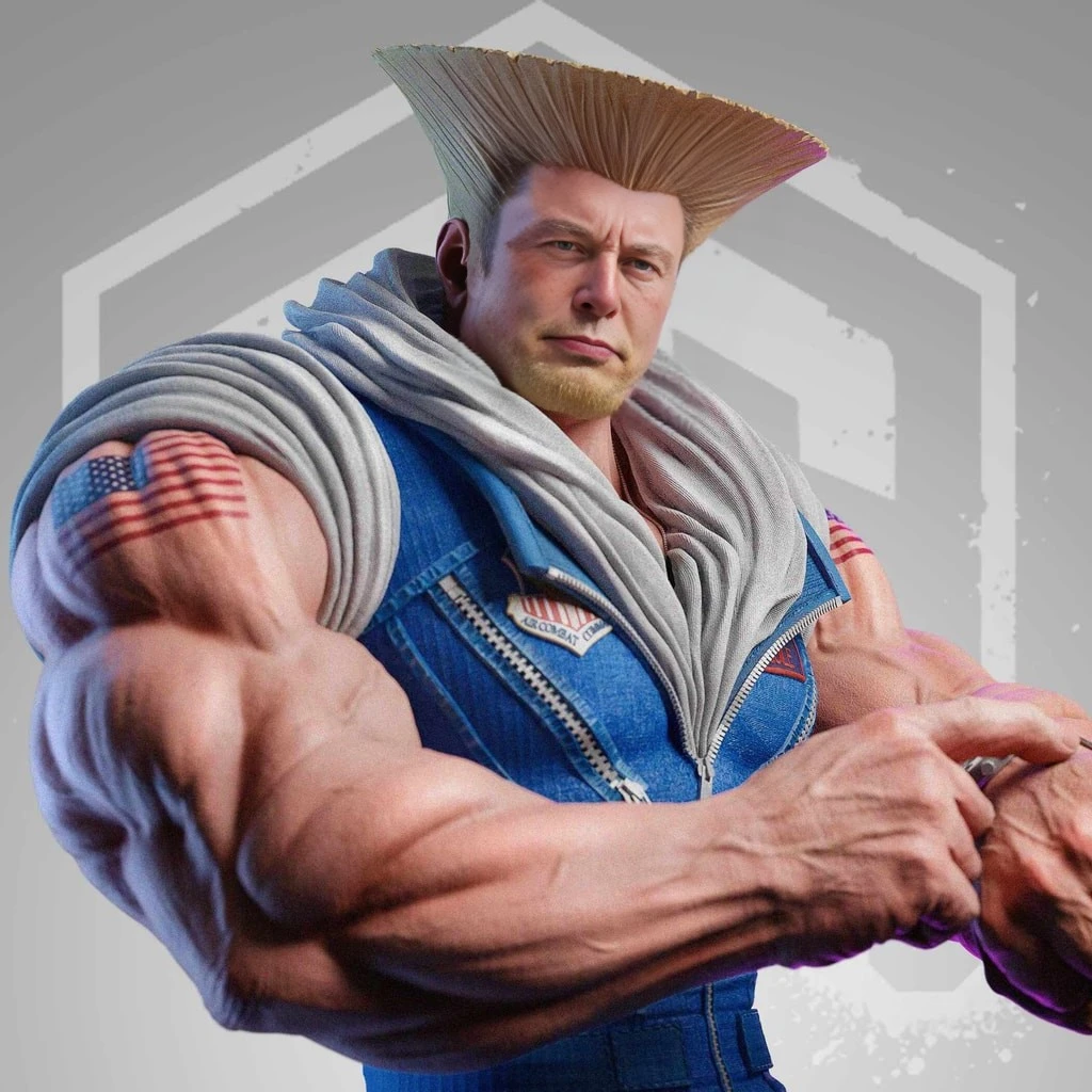 a Street Fighter Guile image with Elon's face